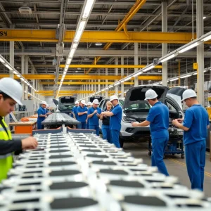 Workers in a Buffalo manufacturing facility assembling electric vehicle components