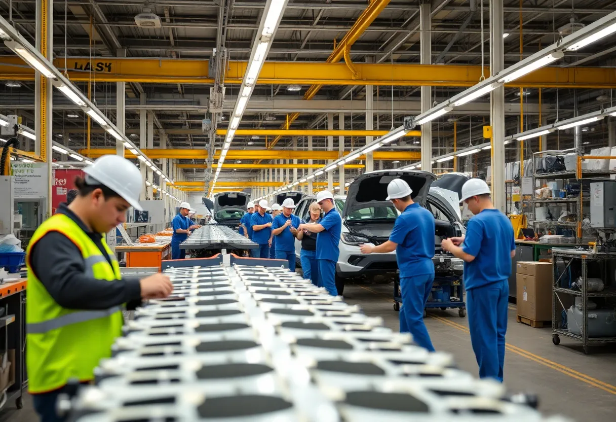 Workers in a Buffalo manufacturing facility assembling electric vehicle components