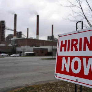 A manufacturing plant in Buffalo with a hiring sign