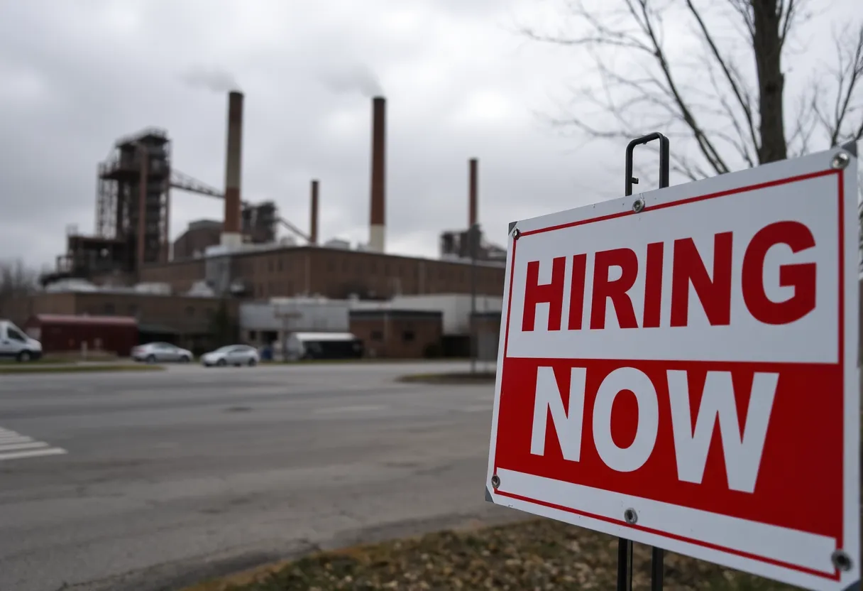A manufacturing plant in Buffalo with a hiring sign