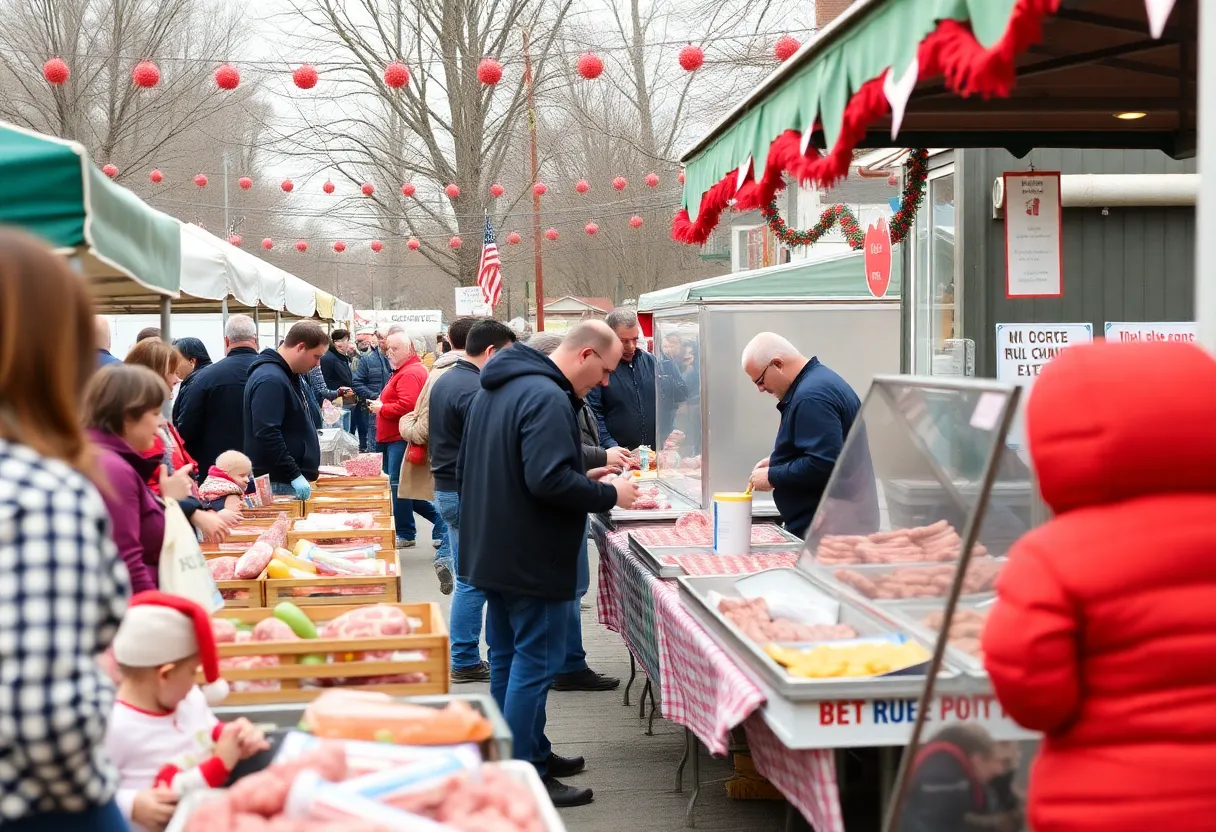 Families enjoying the Buffalo community meat raffle with vendors and games.