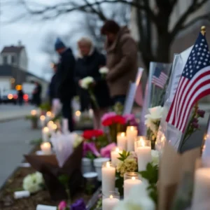Memorial with candles and flowers honoring Rocco J. Diina in Buffalo, NY.