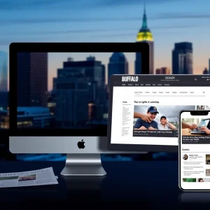 Digital transition of Buffalo News with skyline view