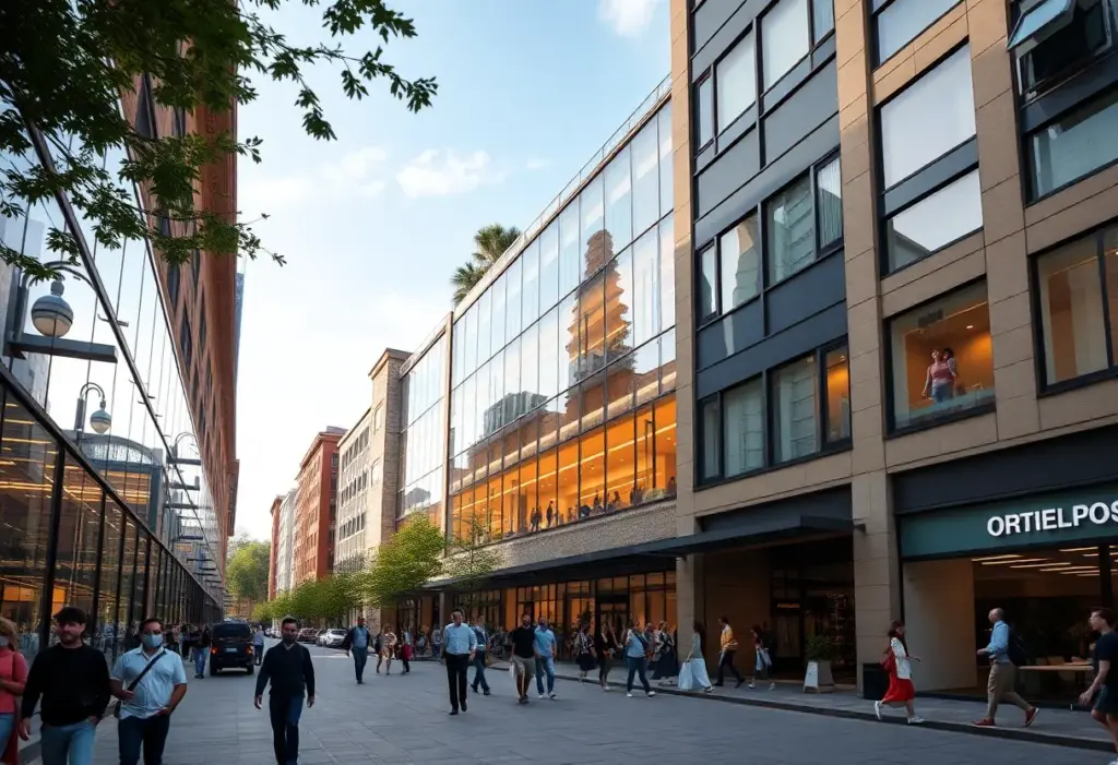 An artistic rendering of the newly designed Buffalo News headquarters with office and retail spaces.