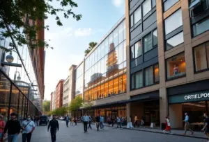 An artistic rendering of the newly designed Buffalo News headquarters with office and retail spaces.