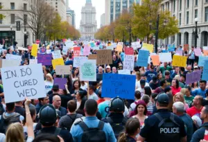 Crowd at the No Kings protest in Buffalo holding signs
