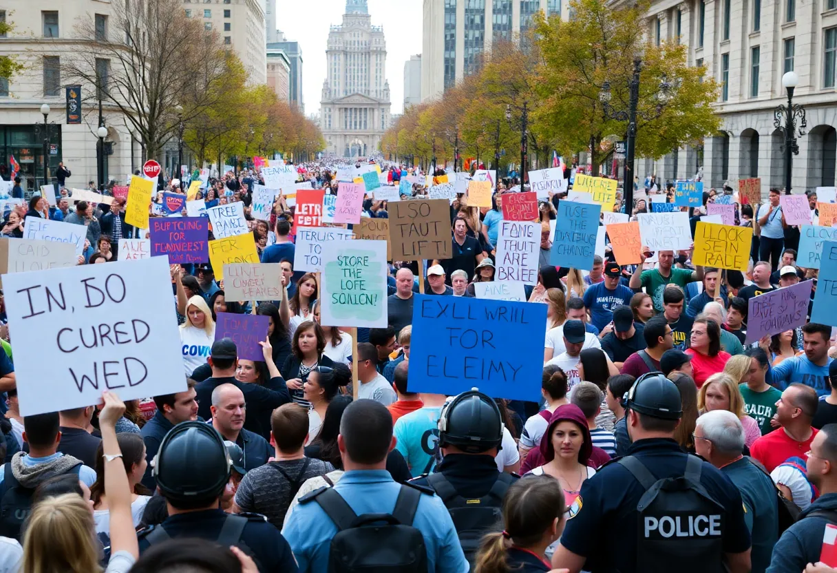 Crowd at the No Kings protest in Buffalo holding signs