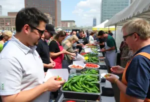 Crowds enjoying the Pepper Palooza festival at Canalside, sampling various peppers and participating in culinary contests.