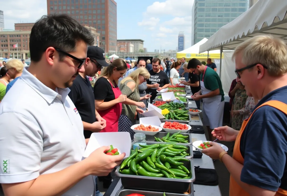 Crowds enjoying the Pepper Palooza festival at Canalside, sampling various peppers and participating in culinary contests.