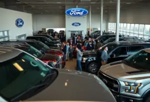 Customers claiming cash rebates on pickup trucks at a dealership in Buffalo