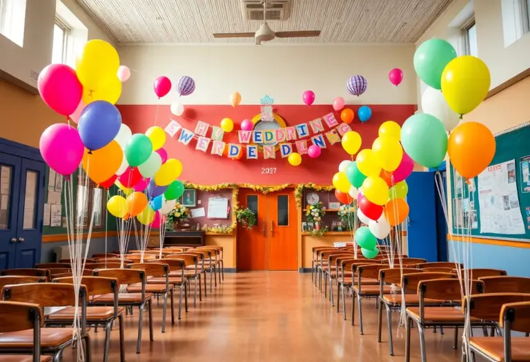 A cheerful school setting with decorations for a surprise wedding ceremony.