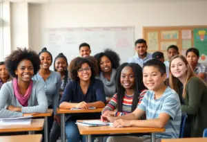 Diverse teachers and students in a classroom discussing educational topics.