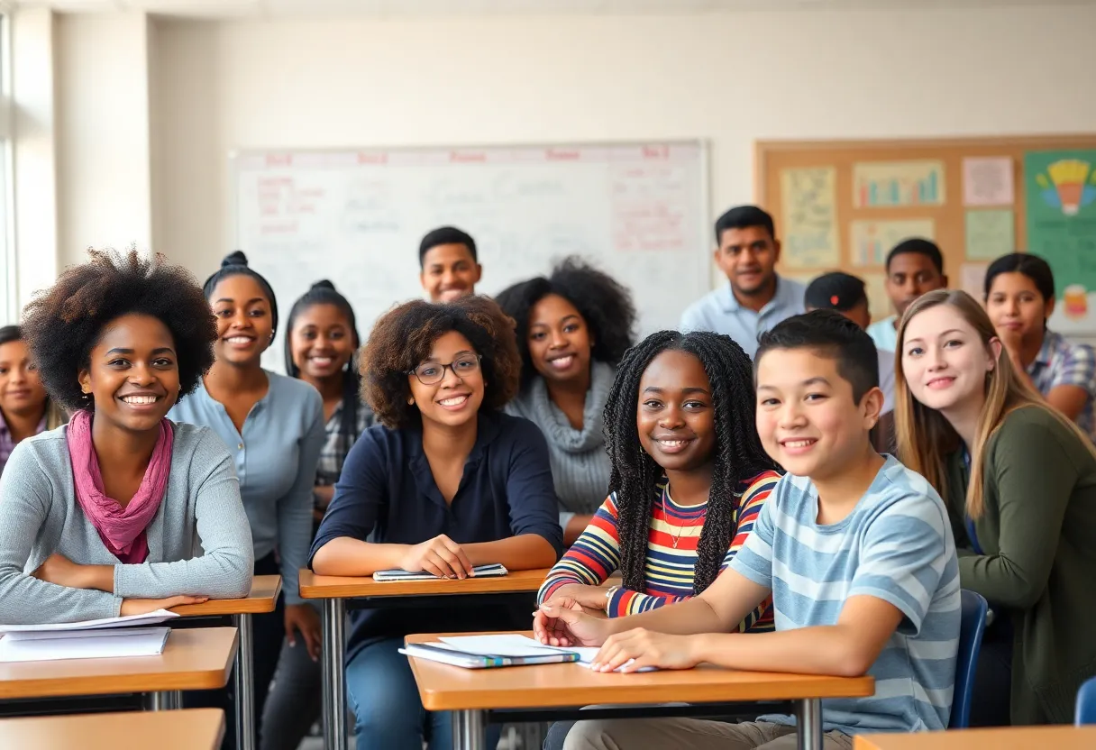 Diverse teachers and students in a classroom discussing educational topics.