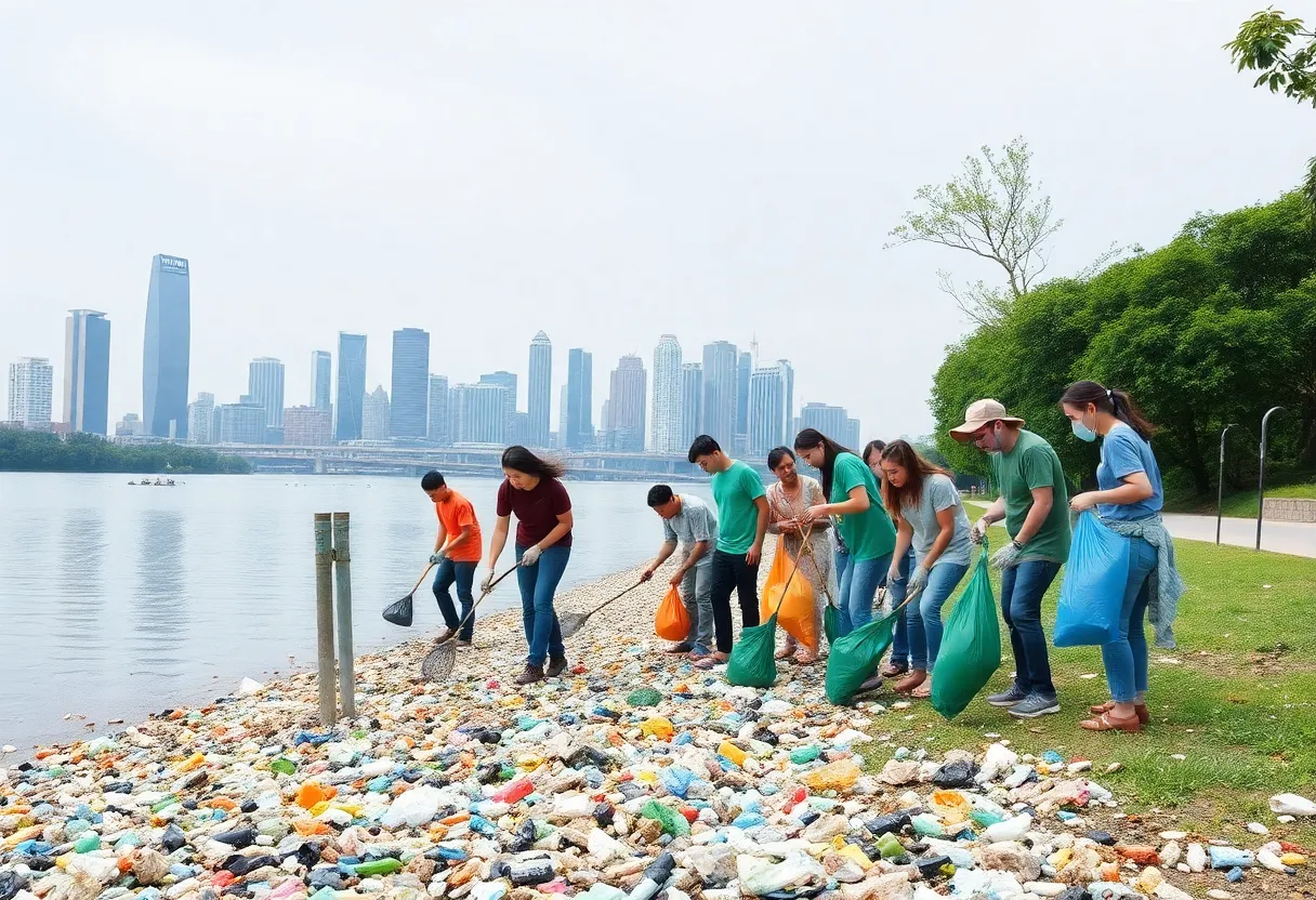 Volunteers participating in a cleanup along the Buffalo River, removing plastic debris