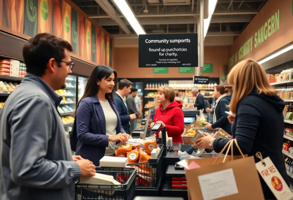 Customers at a grocery store checkout participating in a round-up charity campaign