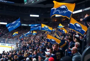 Buffalo Sabres players celebrating a goal with fans cheering in the background.