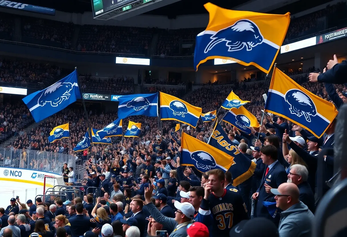 Buffalo Sabres players celebrating a goal with fans cheering in the background.