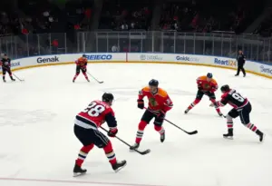 Buffalo Sabres players in action on the ice during a hockey match.