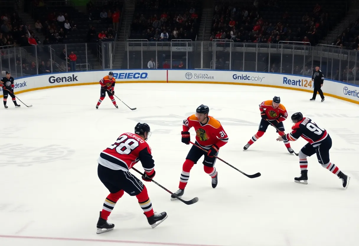 Buffalo Sabres players in action on the ice during a hockey match.