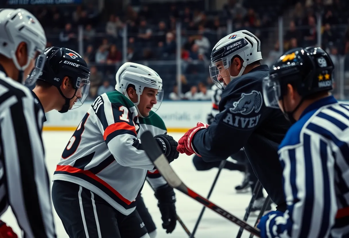 Intensity of a hockey game with players battling for the puck