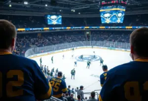 Fans cheering at a Buffalo Sabres home hockey game.