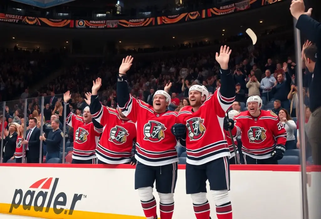 Buffalo Sabres players celebrating after an overtime win against Detroit Red Wings.