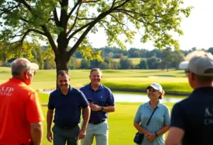 Spectators laughing at a golf mishap while participating in a charity golf event.