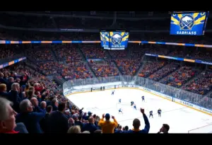 Buffalo Sabres fans cheering in a packed arena during a game against the Ottawa Senators.