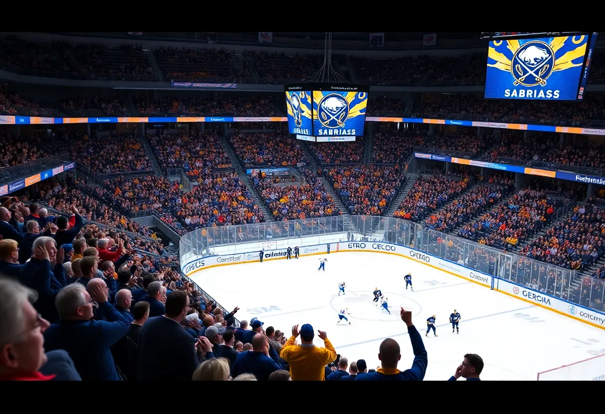 Buffalo Sabres fans cheering in a packed arena during a game against the Ottawa Senators.