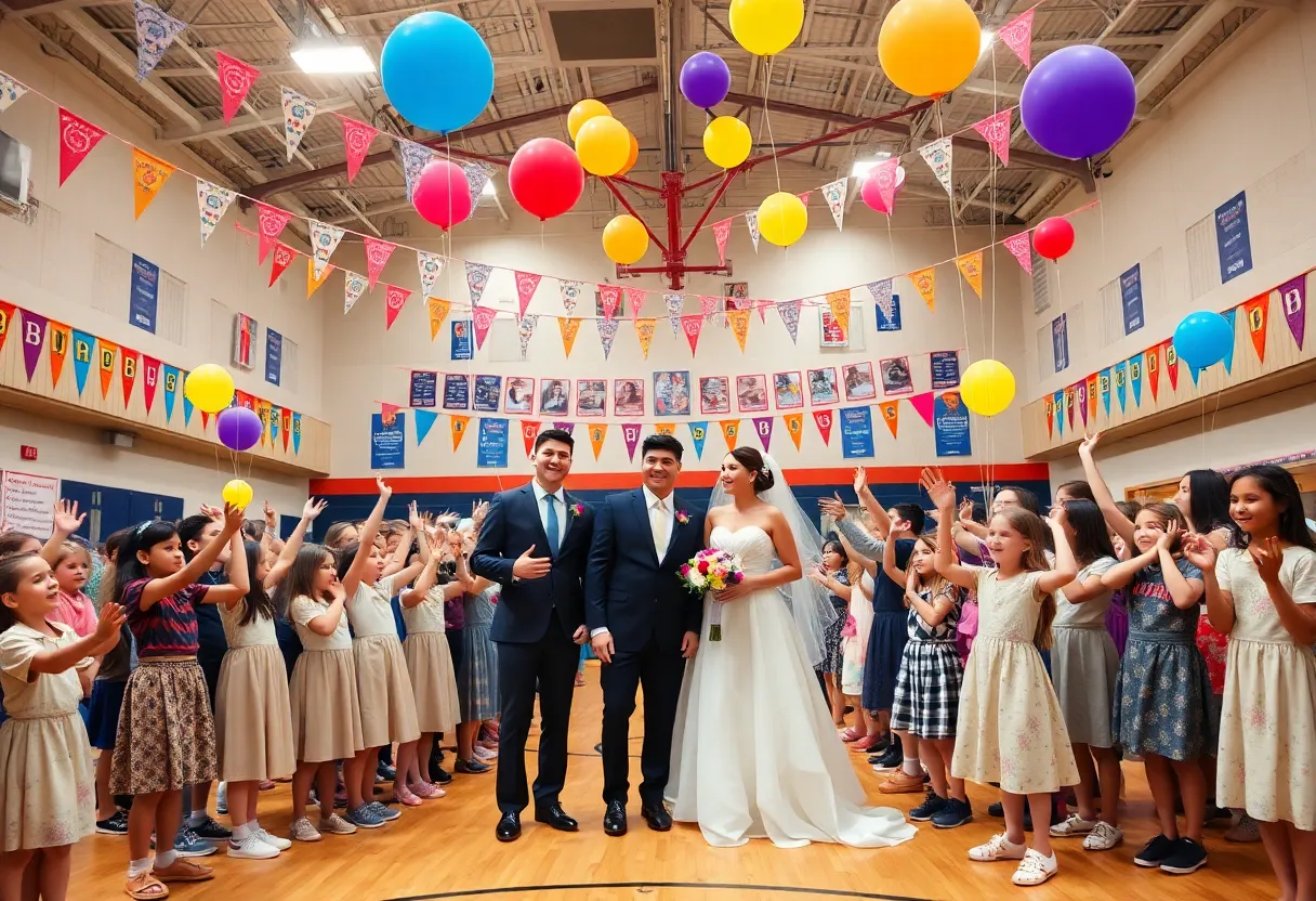 Students celebrating at a surprise wedding ceremony in a school gymnasium.