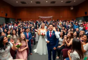 Students celebrating a surprise wedding ceremony in a school auditorium