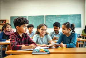 Students of varied ethnic backgrounds in a classroom actively participating in lessons.