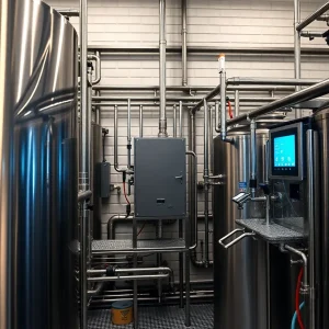 Innovative brewing equipment in a modern brewery showcasing energy-efficient technology.
