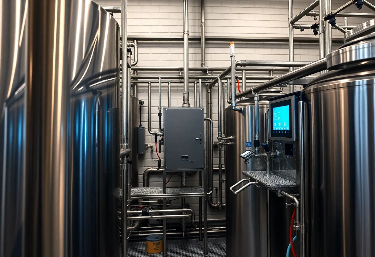 Innovative brewing equipment in a modern brewery showcasing energy-efficient technology.