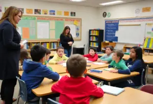 Classroom scene showing special education students engaged in learning activities with support staff.