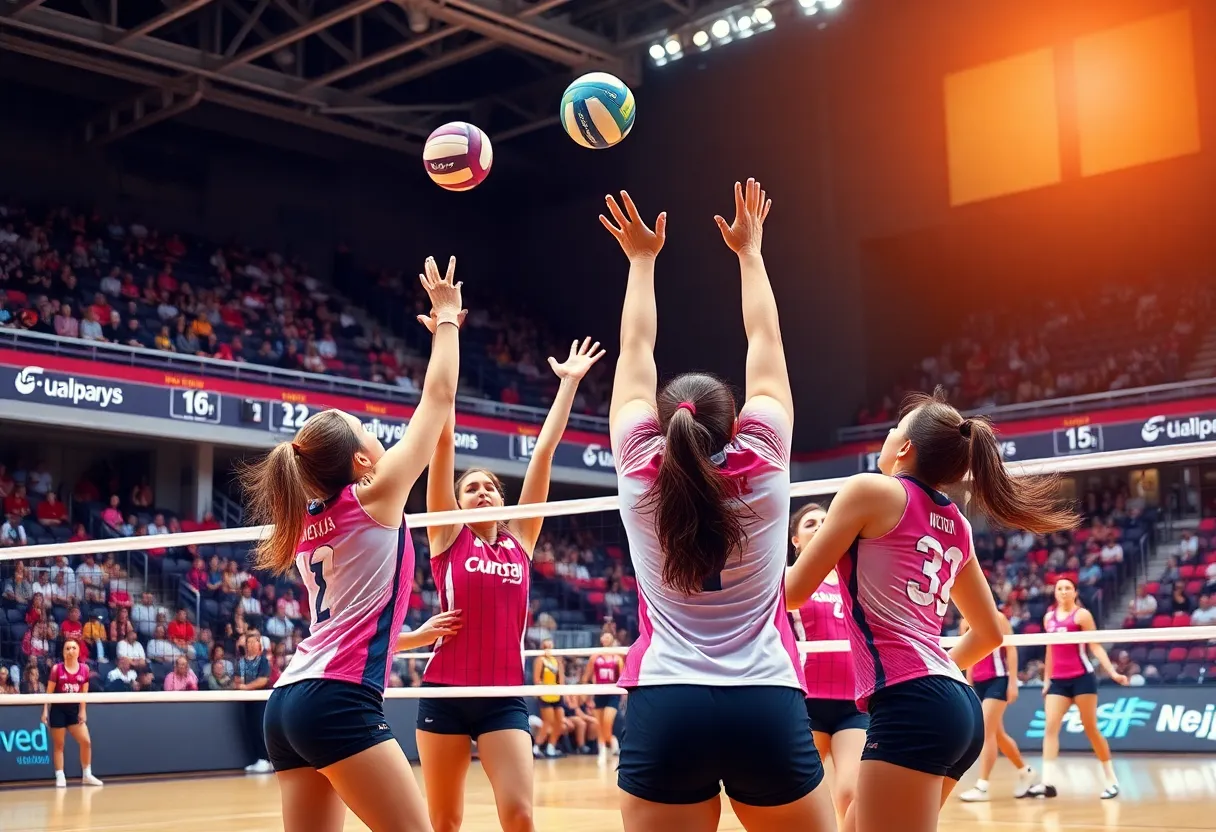Buffalo State Bengals women's volleyball players in an intense match against Fredonia.