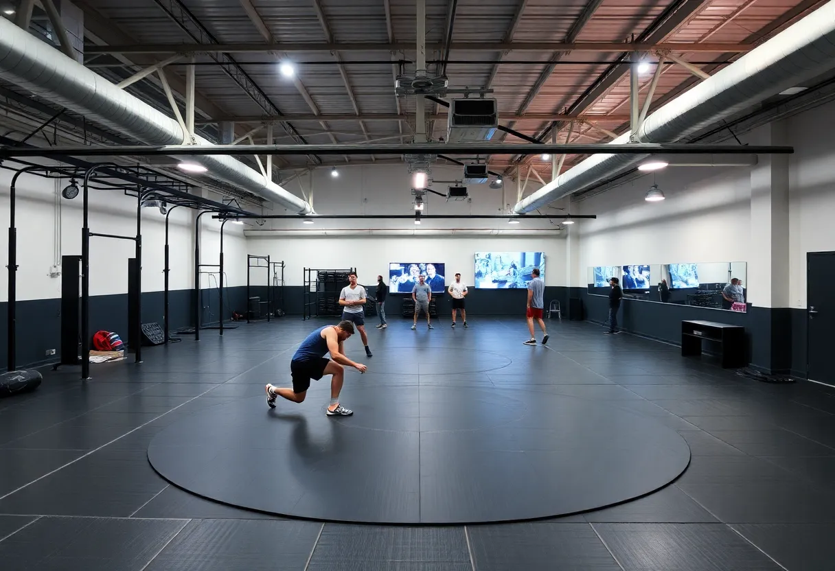 Buffalo State College wrestling training center with athletes using new equipment.