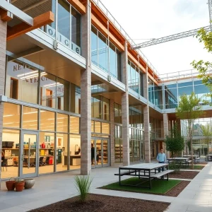 Construction site of the Buffalo STEM Academy with modern architecture.