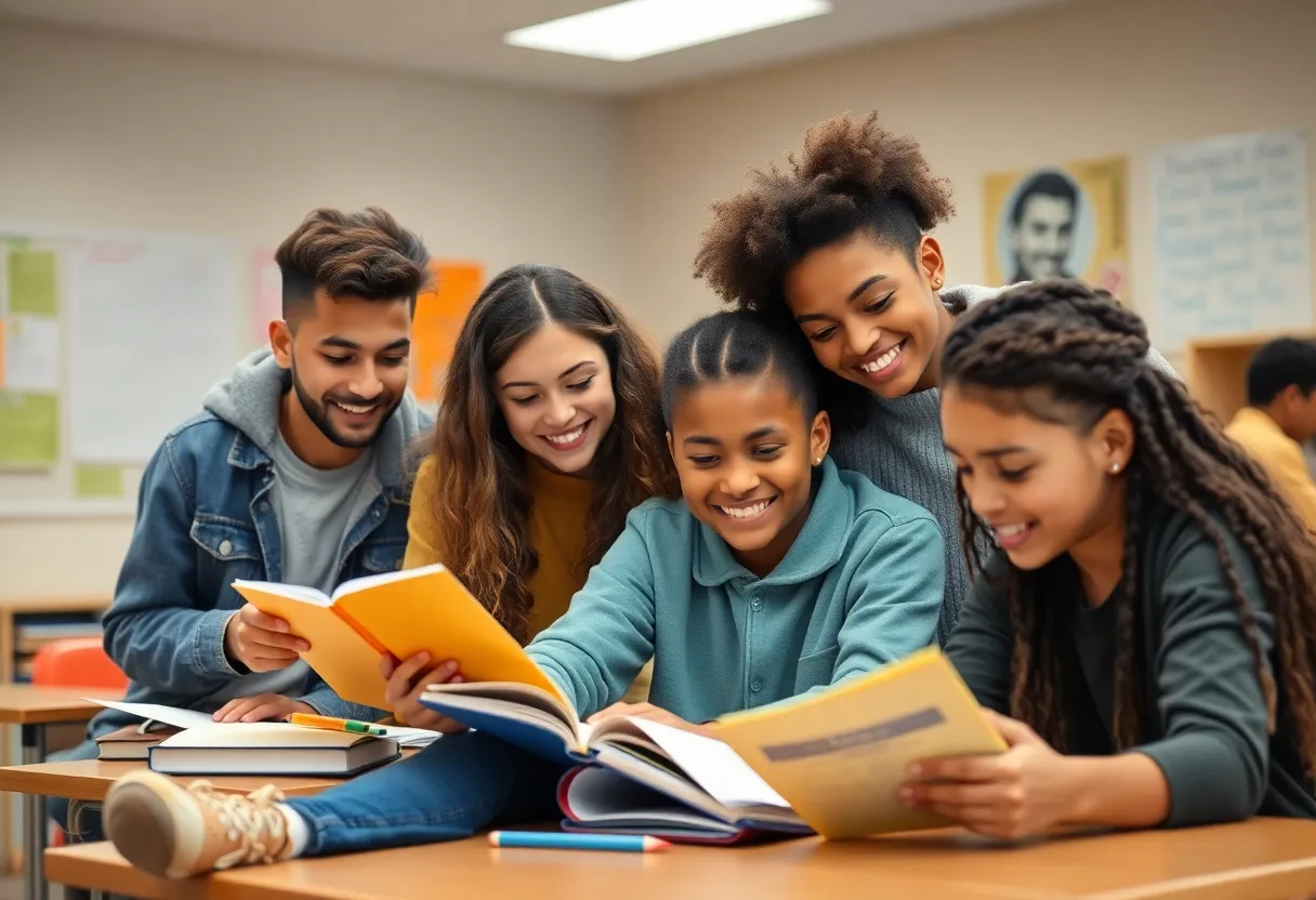 Diverse high school students working together in a classroom