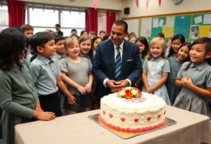 Students celebrating a mock wedding for their principal at Elmwood Elementary School.