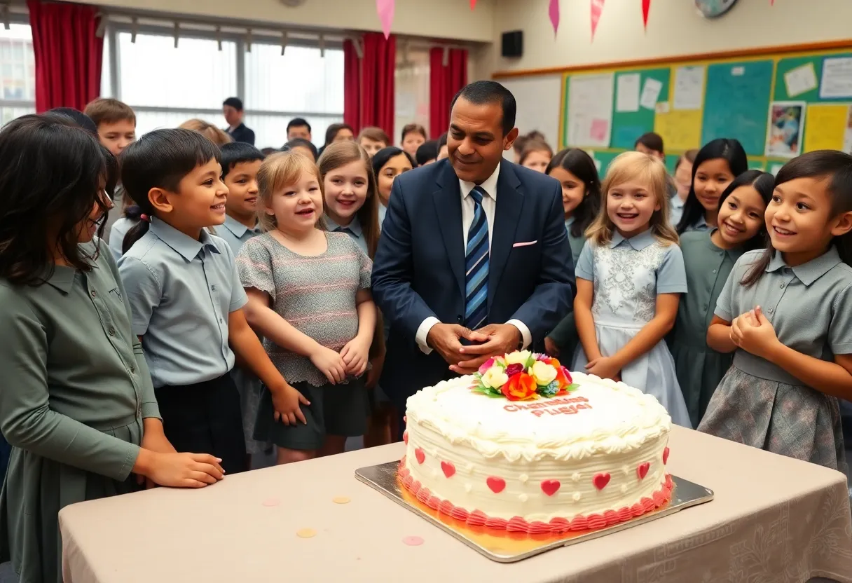 Students celebrating a mock wedding for their principal at Elmwood Elementary School.