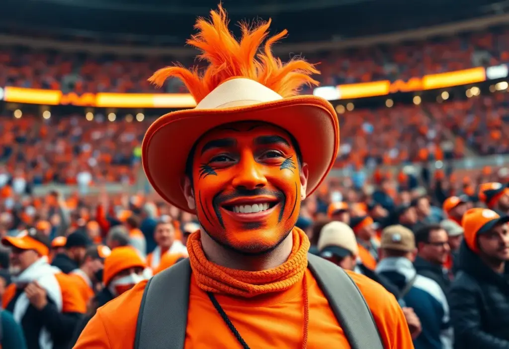 A dedicated sports fan in orange face paint supporting the Broncos.