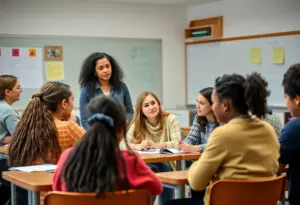 A diverse group of educators in a classroom setting, promoting inclusive education.