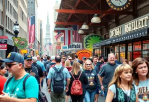 Tourists enjoying Buffalo's attractions and events.