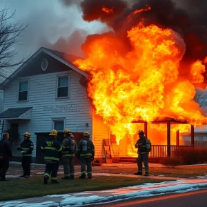 Scene of a house fire in Buffalo Township with firefighters in action.