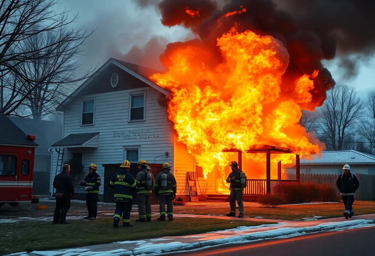 Scene of a house fire in Buffalo Township with firefighters in action.