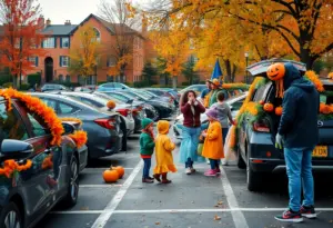 Families enjoying the Trunk-or-Treat event in Buffalo with decorated vehicles.