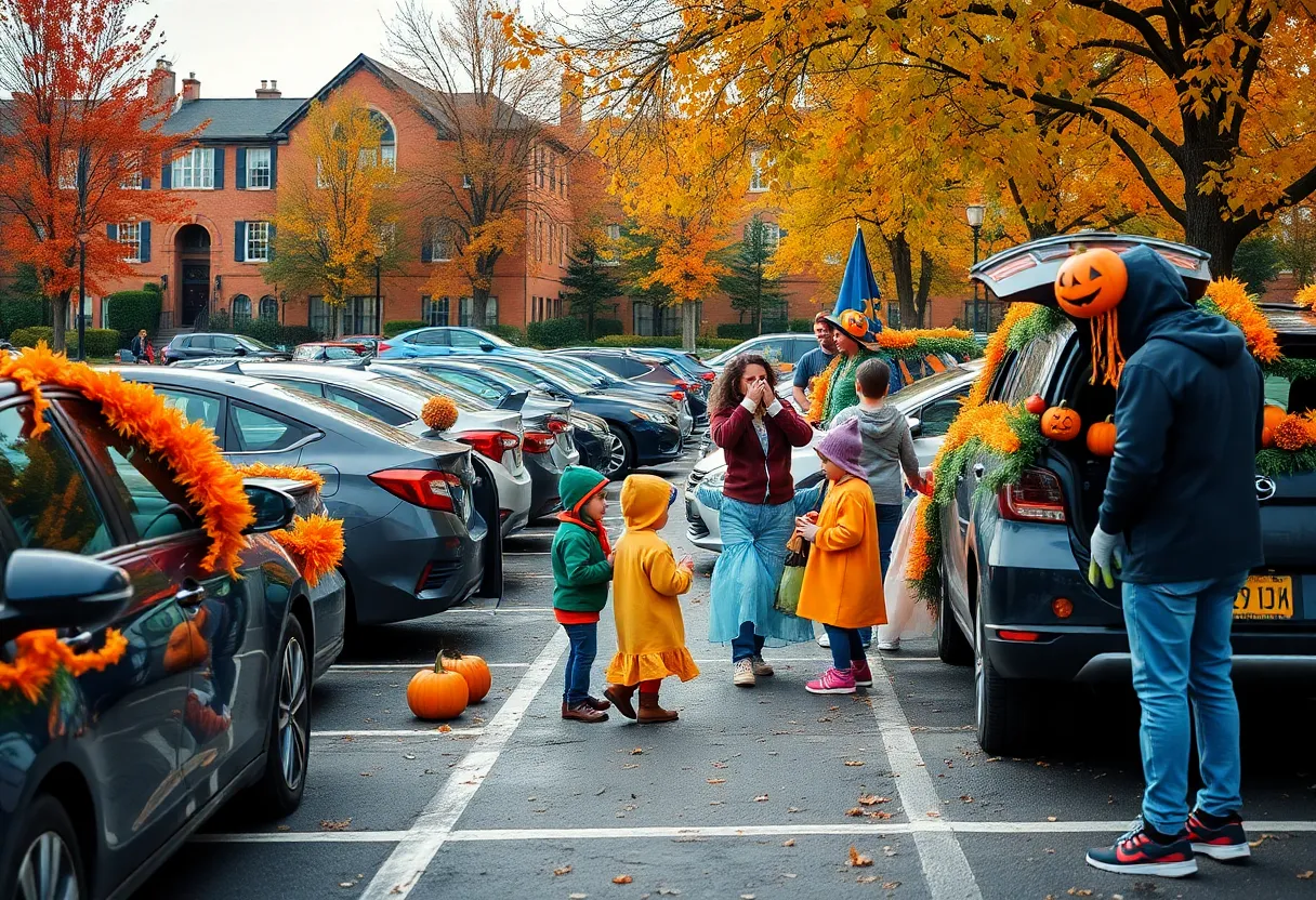 Families enjoying the Trunk-or-Treat event in Buffalo with decorated vehicles.