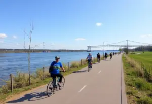 A bike trail along the Buffalo waterfront with cyclists and natural surroundings.