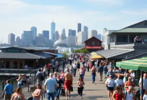 Tourists enjoying the Buffalo waterfront with skyline in the background